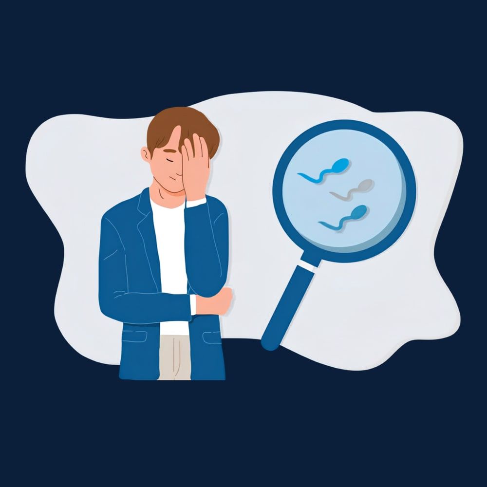 An illustration of a man with his hand to his head beside a magnifying glass held over sperm.