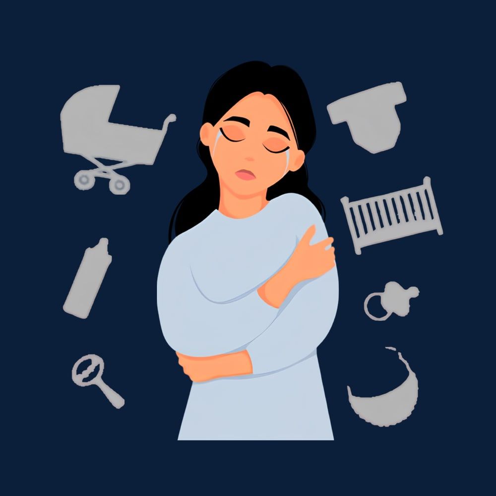 An illustration of a woman with her arms folded, surrounded by faded outlines of a pram, a cot, a bottle and a dummy.